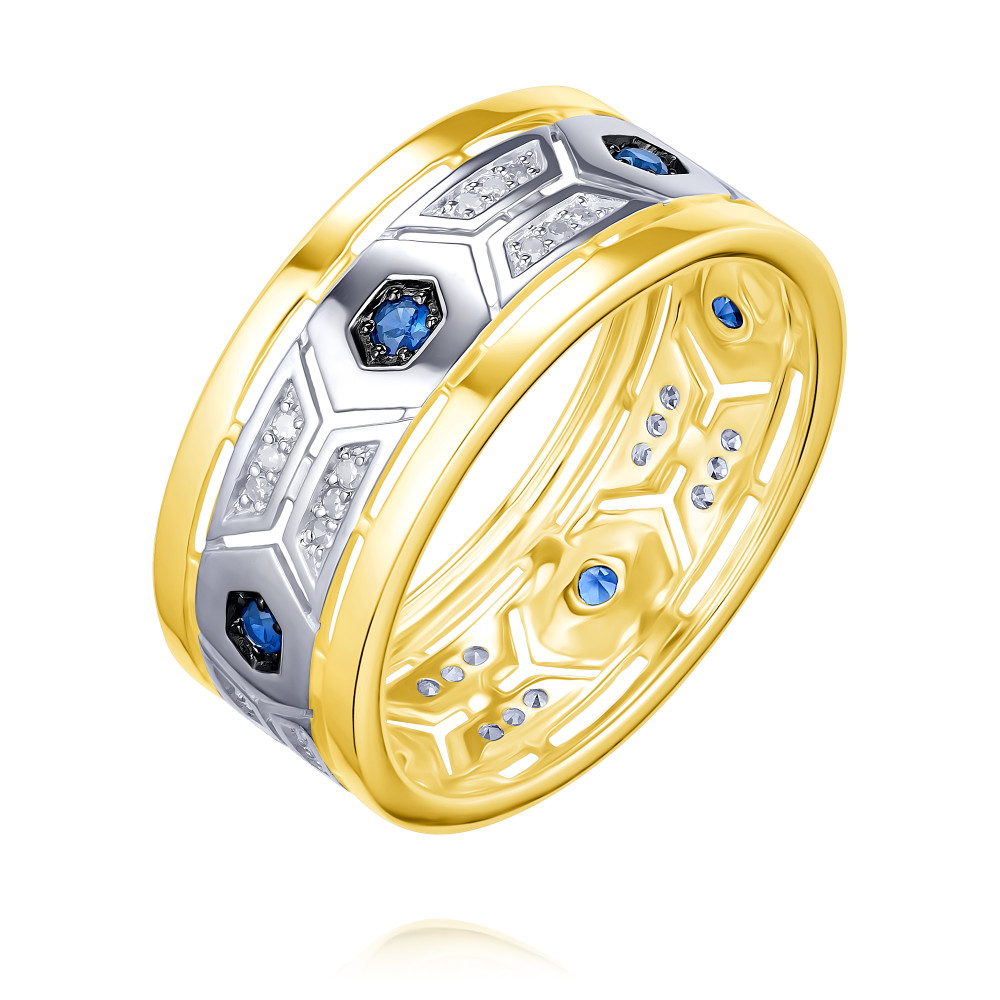 Кольцо серьги с корундами бриллиантами и сапфирами из жёлтого золота