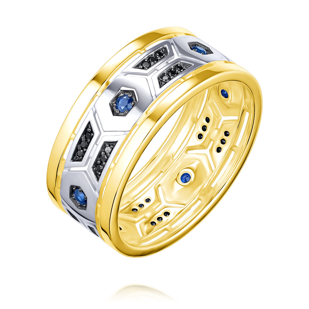 кольцо с родолитами и сапфирами из жёлтого золота Кольцо